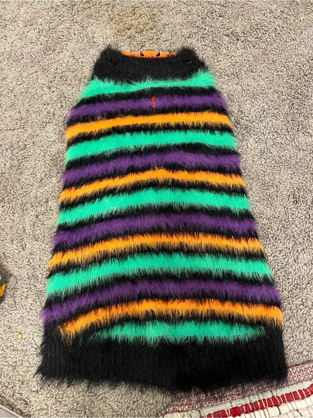 Black Fuzzy Striped Sweater Dress with Teal, Purple & Orange Accents